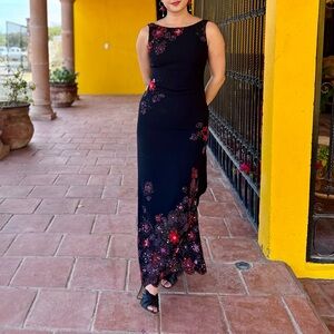 Long black floral beaded dress